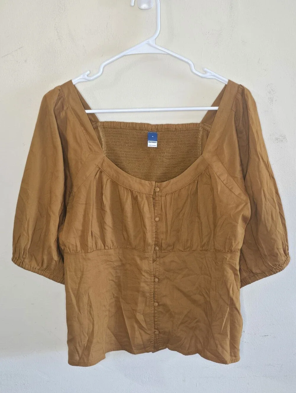 Old Navy Women's Med Puff Sleeve Smocked Button Front Top Brown Chaparral Blouse